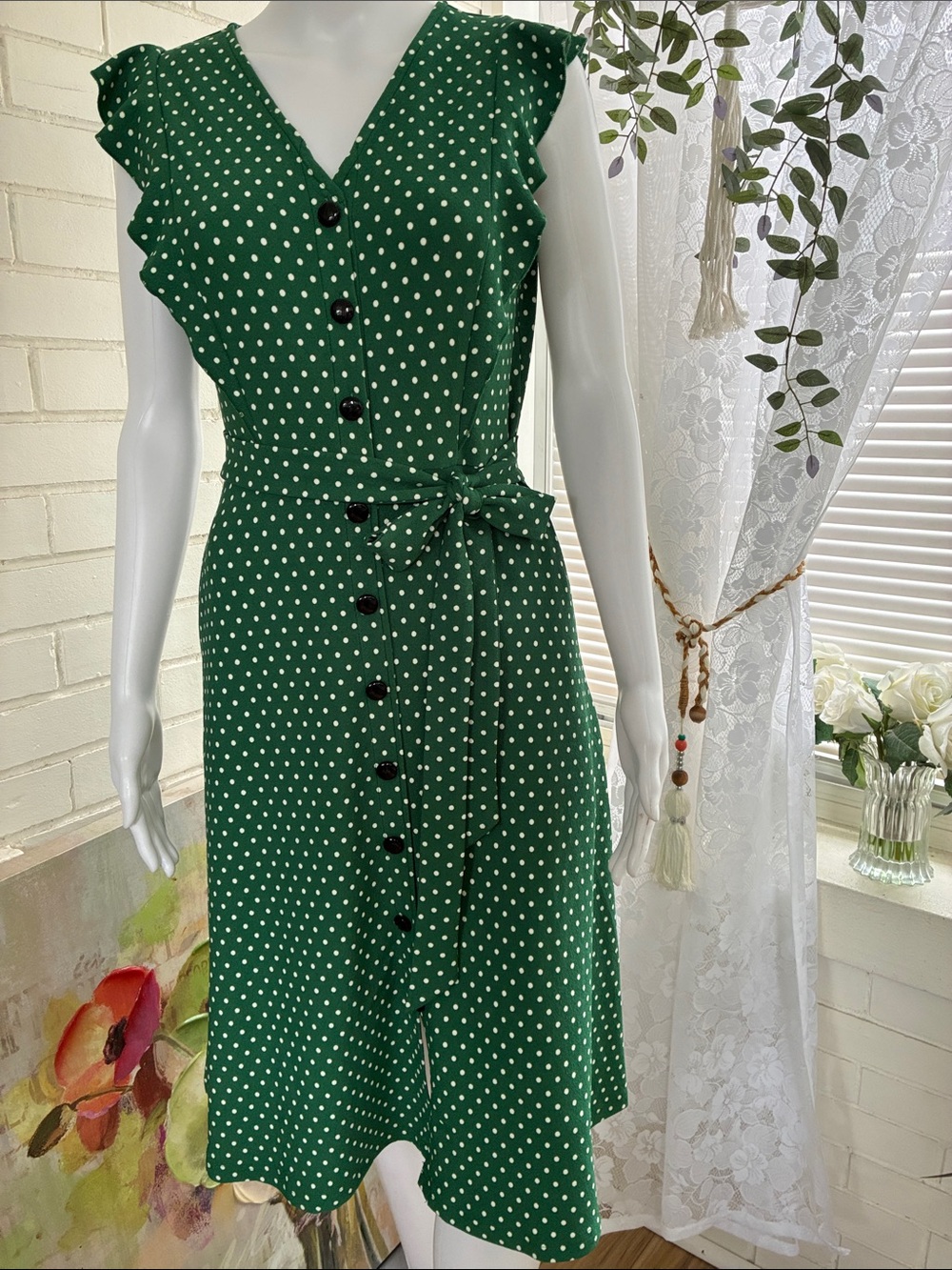 VfEmage Green Polka Dot Button-Front Midi Dress